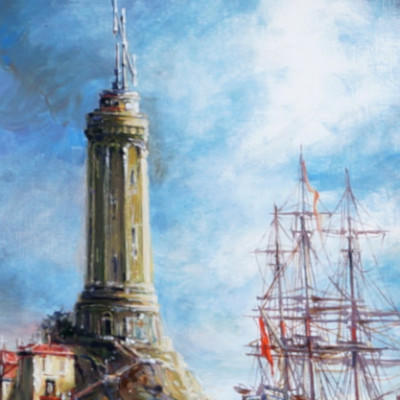 W cieniu latarni; olej/płótno, wym.18x24 cm